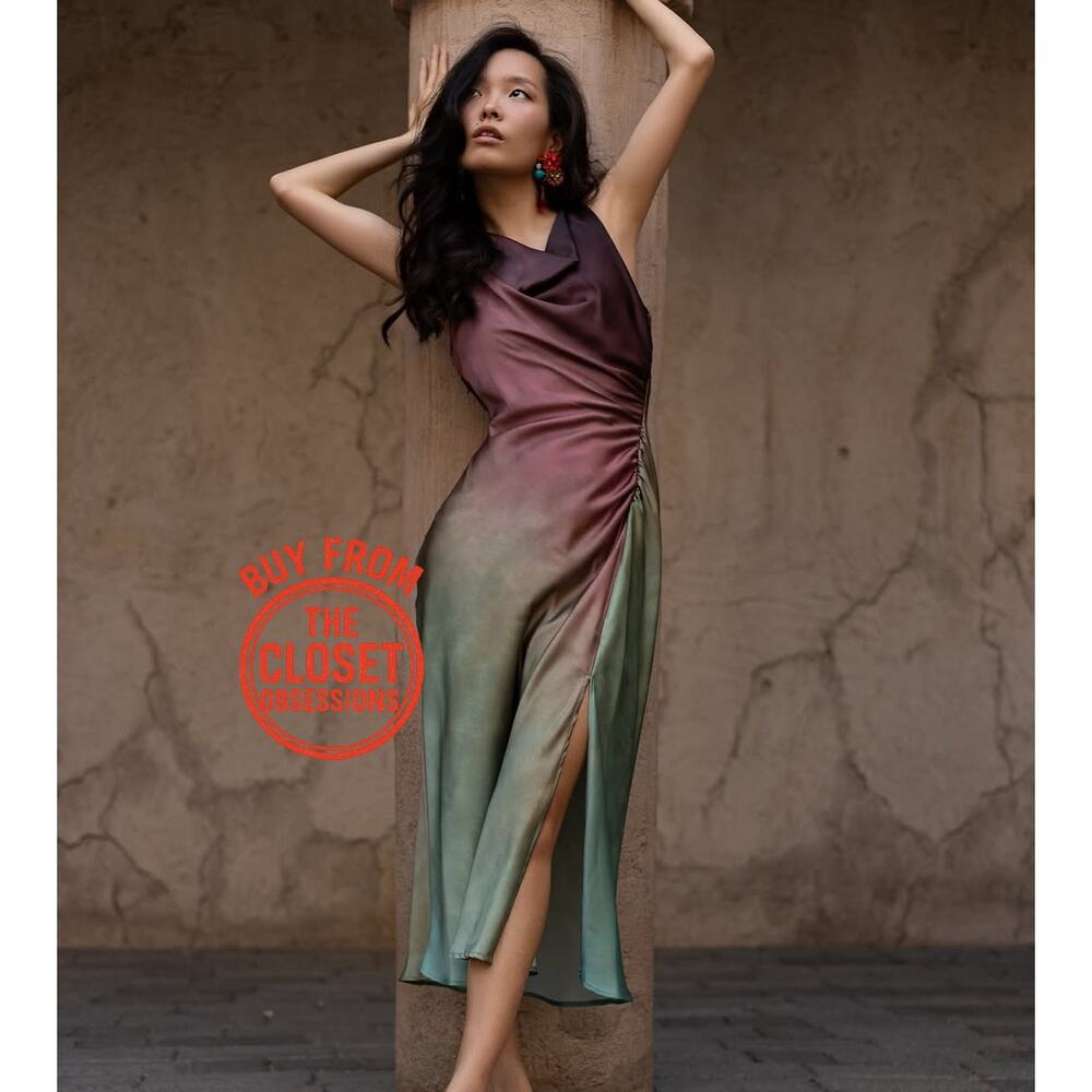 Zara NWT Ombre Gradient Ruched Side Slit Midi Dress M